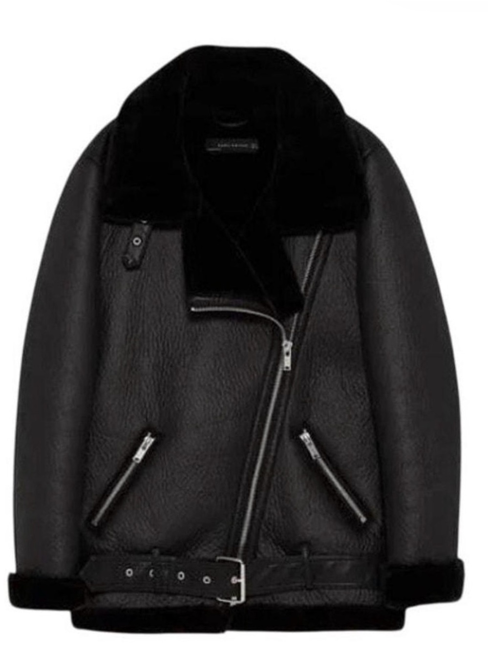 Zara Black Faux Shearling Biker Jacket
